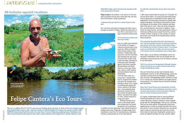 Hans-Georg Evers interviews Felipe Cantera about the guide services he provides in Uruguay, as told in "All-inclusive Aquarist Vacations; Felip Cantera’s Eco Tours". Download Now!