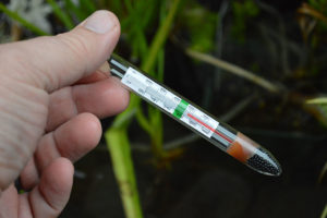 Floating glass thermometers were useful for temperature readings in the container ponds.
