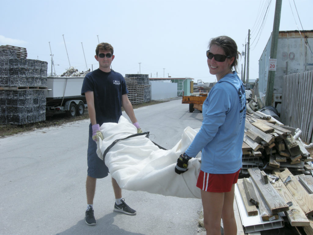 Coral Restoration Foundation staff members Dan and Martha assisting in the cleanup efforts at the A&M Aquatics coral farm.