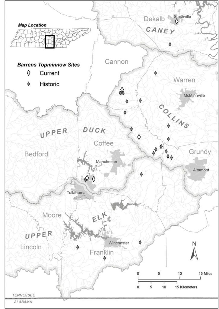 Current and historic range for Barrens topminnow. Image: US FWS