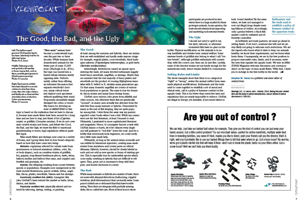 The Good, the Bad, and the Ugly: Stephan Tanner, Ph.D., shares his views on the diversity of man-made fishes in the aquarium trade.