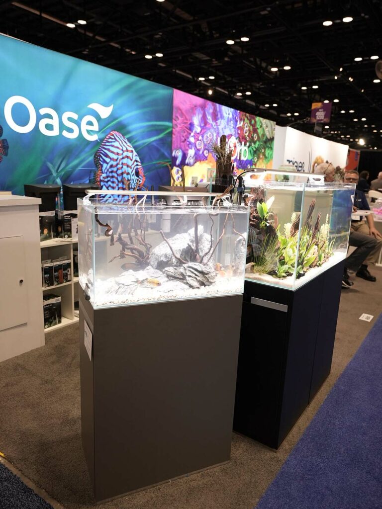 Two elegant rimless freshwater aquascapes drew visitors into the Oase booth. 