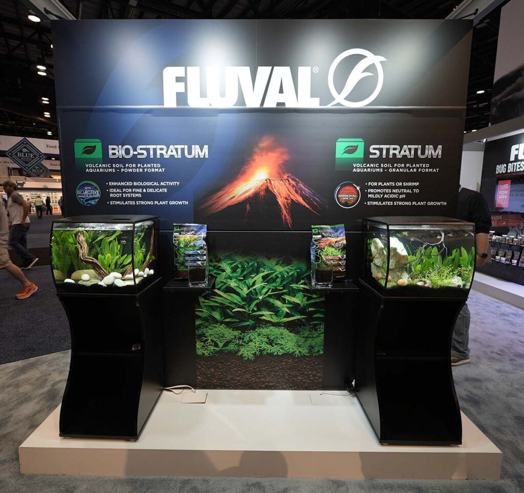 Planted aquariums are clearly a focus for Fluval's marketing, with this display highlighting the Bio-Stratum and Stratum substrate offerings meant for planted aquariums and shrimp tanks.